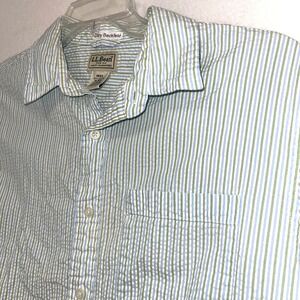 LL Bean Men's Short Sleeve Seersucker‎ Button up Shirt blue green white Medium